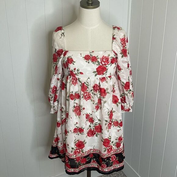 Blue Rain Women XS Square Neck White Red Floral Mini Peasant Dress Balloon Sleev - Picture 1 of 16